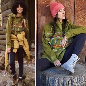 Free People Womens Sweater Sz XSmall Green Powder Bunny Ski Bum Cotton Pullover